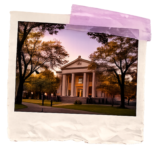 Campus building at sunset